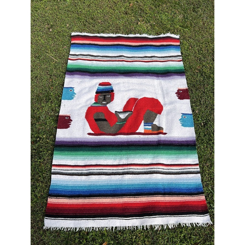 Vintage Wool Multicolor Aztec Striped Throw Blanket 77"x44"